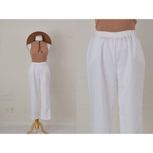 Vintage 80s Crisp White Gathered Waist Polyester‎ Trousers | 26-34 waist